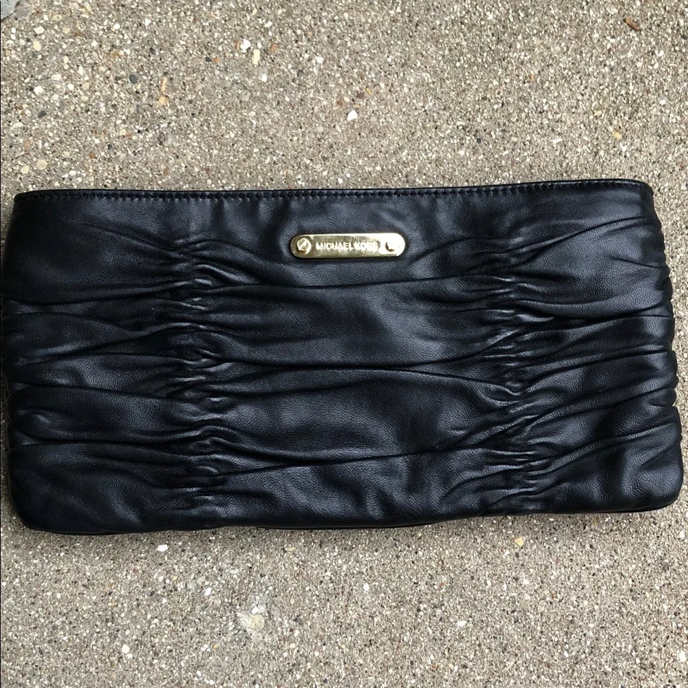 Michael Kors Black Ruched Leather Clutch with Gold Plaque